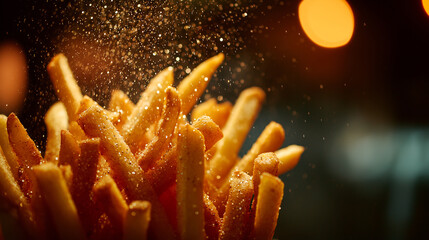 Golden French Fries Sprinkled with Flakes Against Dark Backdrop