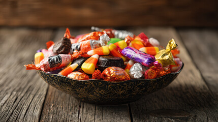 A colorful bowl of assorted Halloween candies on a rustic wooden table, ready for trick-or-treaters.