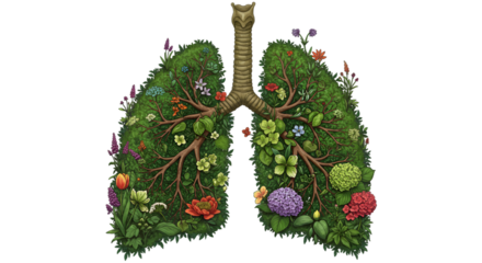 Illustration of Lungs Covered in Green Flowers on Transparent Background