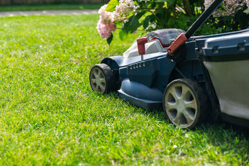 Gardener starts the lawnmower before cutting grass growing wildly in their backyard. Motorized...