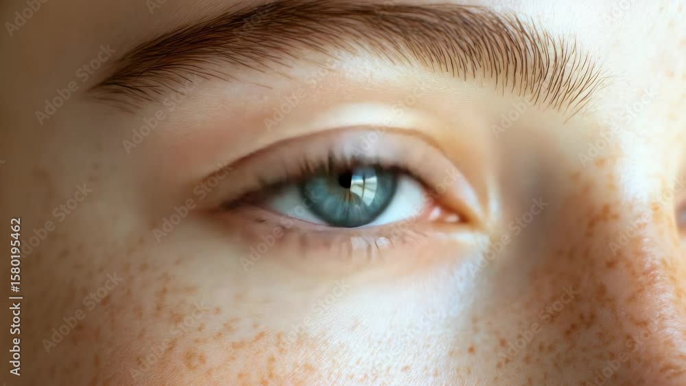 Poster an up-close graph of a human eye with visible freckles on the skin, emphasizing the intricate detail