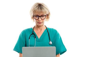 Focused female doctor reviewing patient charts.