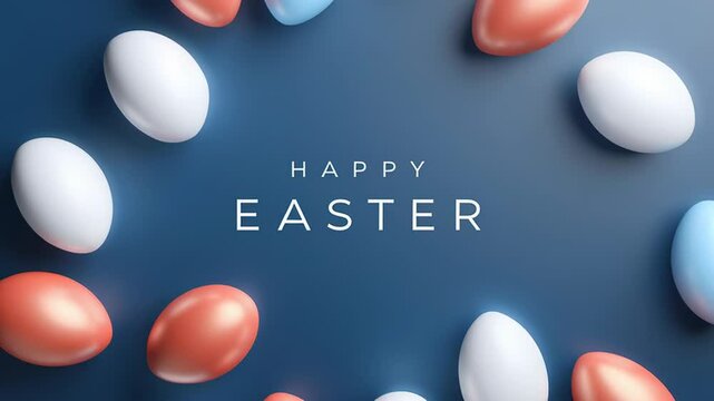 Animation. Colorful Easter eggs arranged in a circular pattern on a dark blue background, featuring shades of blue, white, and copper, creating a festive and cheerful atmosphere for celebration
