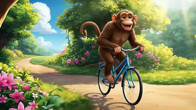 Pixelated Monkey Rides Blue Bicycle through Sunny Park Animation With Green Trees Pink Flowers On Curving Path