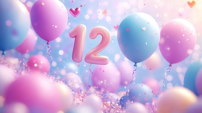 Soft hued balloons pink above glittery hovering twelve, cascading heart confetti marking birthday celebration