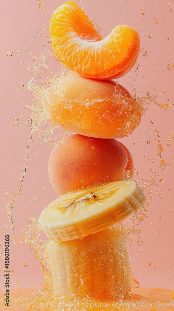 Poster sliced and water, fruits creating a vibrant splash in whole set against a colorful gradient backgrou