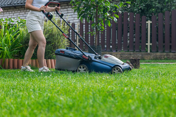This image captures someone mowing their lawn with a push lawn mower. The person is holding onto...
