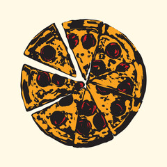 Cartoon Whole and Sliced Pepperoni Pizza Illustration