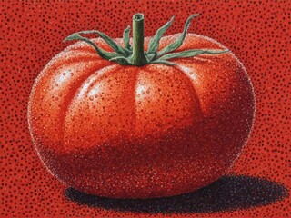  A vibrant tomato emerges through the artistry of pointillism against a rustic farmer's backdrop
