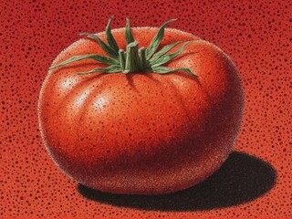  A vibrant tomato emerges through the artistry of pointillism against a rustic farmer's backdrop