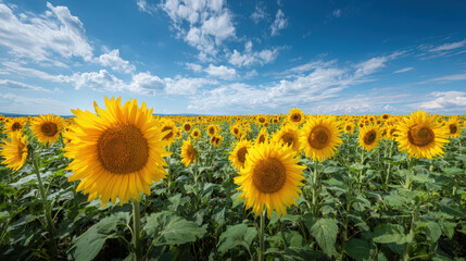 Naklejka premium Vast sunflower field in full bloom under a bright blue summer sky, ready for harvest.