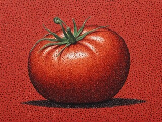  A vibrant tomato emerges through the artistry of pointillism against a rustic farmer's backdrop