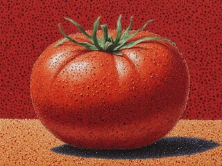  A vibrant tomato emerges through the artistry of pointillism against a rustic farmer's backdrop