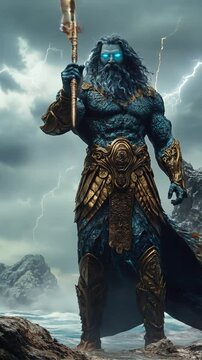The mighty ancient Greek god Poseidon walks in armor. Myths come to life! Witness the mighty Greek gods and Titans&mdash;power, fury, and glory in epic video!. High quality FullHD footage