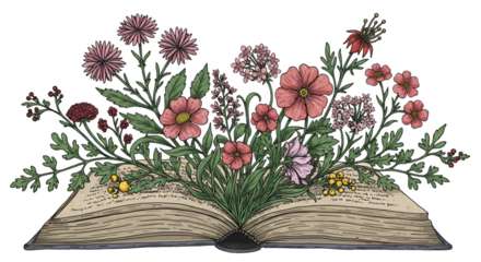Illustration Of Open Book With Flowers Blooming On Transparent Background