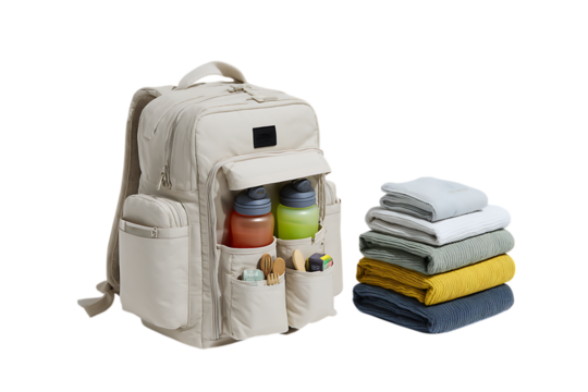 Beige backpack with various pockets and compartments, neatly packed with essentials.
