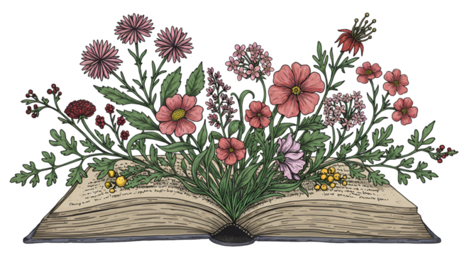 Illustration Of Open Book With Flowers Blooming On Transparent Background - Powered by Adobe