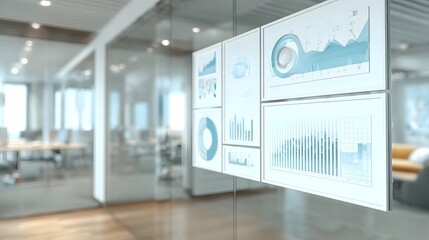 Modern office space featuring glass walls with data visualizations and graphs, promoting productivity