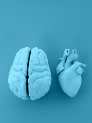 Brain and heart on blue background