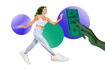 Photo collage artwork minimal picture of purposeful lady running earning money isolated creative...