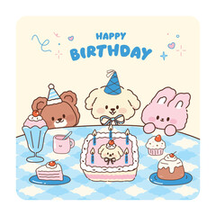 Cute Animal Birthday Party with Cake. Celebrating Birthday.