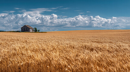 A beautiful, golden wheat field ready for the autumn harvest under a bright sky with puffy clouds.