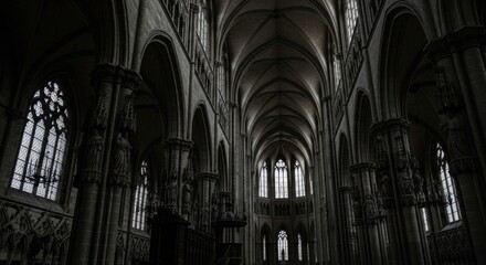 Fototapeta premium Gothic Cathedral Interior Vast Arches Vaulted Ceiling Ornate Stained Glass Windows Dimly Lit Atmosphere