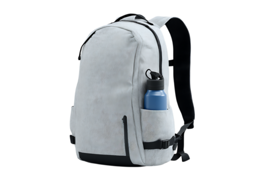 Stylish light grey backpack with a water bottle.