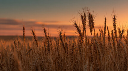 Fototapeta premium Golden wheat field at sunset during the autumn harvest season, capturing nature's beauty.