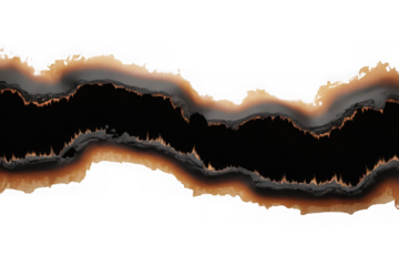 Abstract wavy burnt paper edge with glowing embers and flames isolated on transparent background