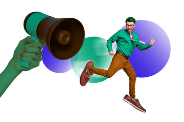 Creative abstract template graphics collage image of funny funky guy running toa announcement...
