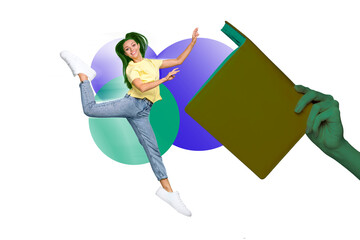 Artwork magazine collage picture of excited funky lady enjoying reading interesting book isolated...