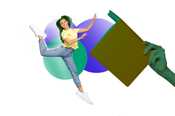 Artwork magazine collage picture of excited funky lady enjoying reading interesting book isolated drawing background