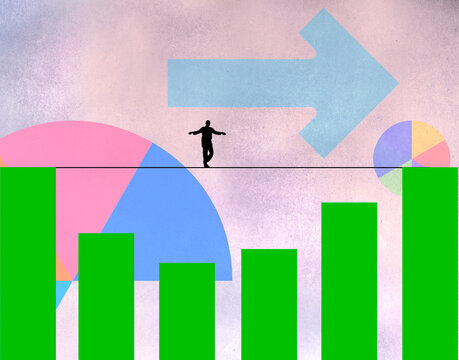Silhouette balancing on tightrope over charts and arrow symbolizing business strategy