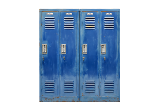 Four blue metal lockers stand side by side.