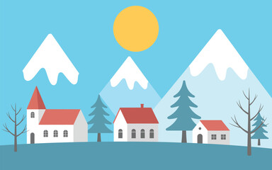 Sunny Winter Village Scene with Snowy Mountains and Houses