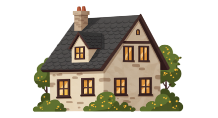 Illustration Of Stone House With Green Bushes On Transparent Background