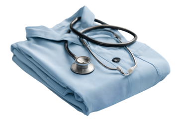 A neatly folded light blue medical scrub shirt with a stethoscope resting on top.