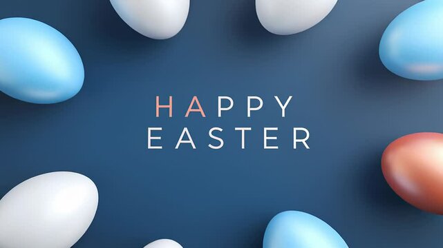 Animation. Colorful Easter eggs arranged in a circular pattern on a dark blue background, with the text 'Happy Easter' prominently displayed in the center, celebrating the festive occasion