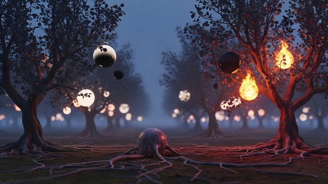 Ethereal Forest: Glowing Orbs & Mystical Trees - Digital Art