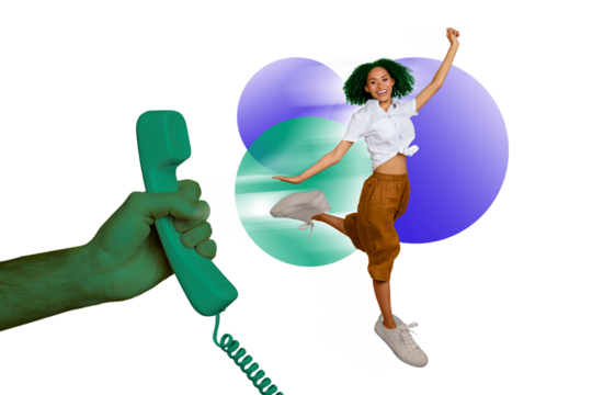 Creative photo template collage of funny running girl holding telemarketing phone call center assistant isolated on drawn background