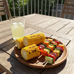 Grilled corn cobs and vegetable kebabs on wooden table in the sunlight, next to cool drink. Summer barbecue, healthy eating, outdoor recreation and family picnics.