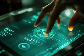 A person is touching a green screen with a finger, and the screen is displaying a digital image.