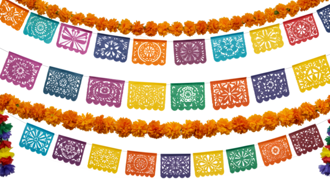 Illustration of Festive Papel Picado Garland With Marigolds and Colorful Culture