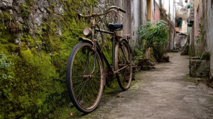 Fototapeta premium Old bicycle in a mossy alleyway