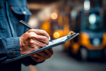 A inspector takes notes on a clipboard while inspecting a warehouse .