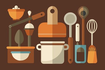 Retro Kitchen Utensils Still Life in Flat Design Style Illustration