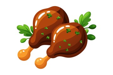 Two Cartoon Chicken Drumsticks with Parsley Isolated on White Background