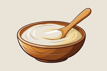 Stylized Cartoon Bowl of Creamy Yogurt with Wooden Spoon Illustration