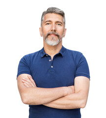 Portrait of smiling mature man with folded arms isolated transparent PNG, Serious confident middle age businessman with crossed hands studio shot